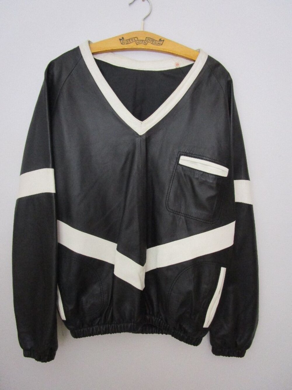 Mens Leather Sweatshirt Bomber Jacket Black White Vintage 1980s V Neck Pullover